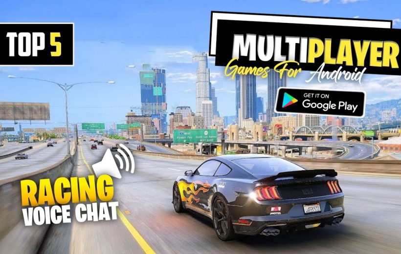 Sports car with flame decals racing on a highway toward a city skyline banner