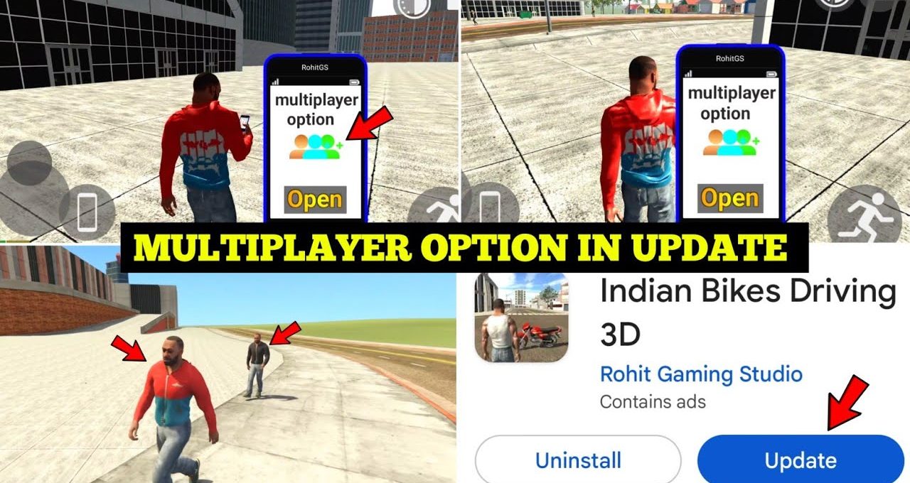 Game screenshot collage showing multiplayer option and update button for Indian Bikes Driving 3D
