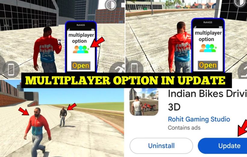 Game screenshot collage showing multiplayer option and update button for Indian Bikes Driving 3D