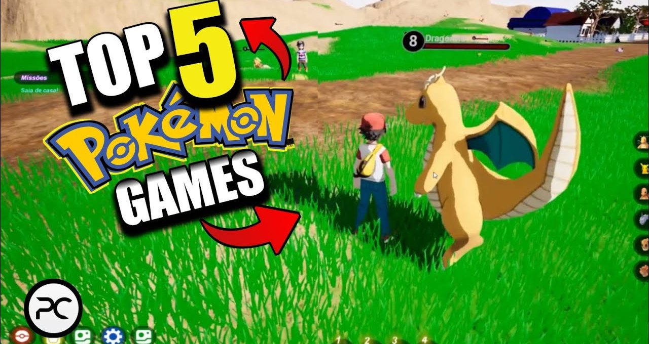 Player character and a Dragonite-like Pokémon standing in grassy open-world environment.