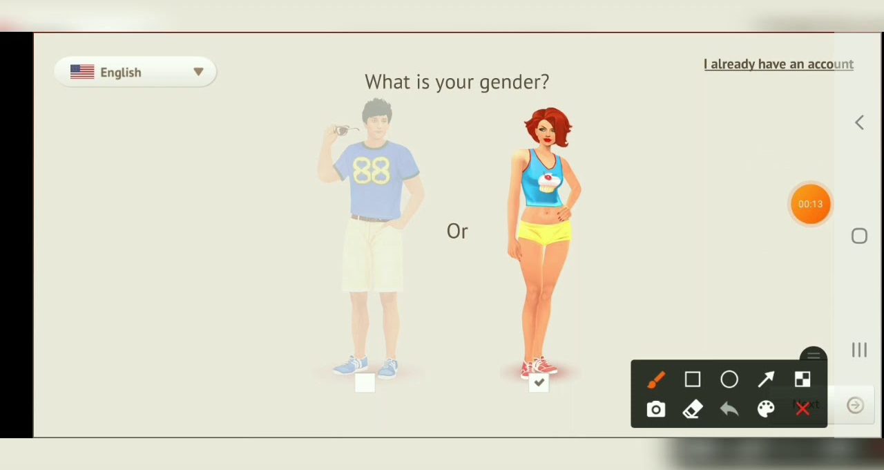 Two illustrated avatars side-by-side asking "What is your gender?" with female selected