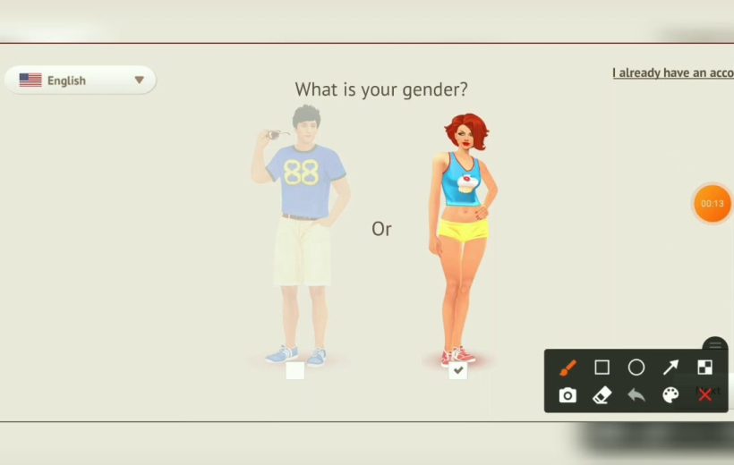 Two illustrated avatars side-by-side asking "What is your gender?" with female selected