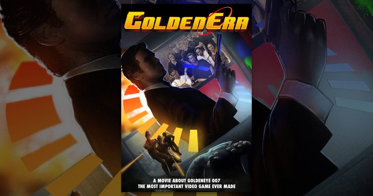 Poster showing a suited agent holding a pistol with GoldenEye logo and action scenes