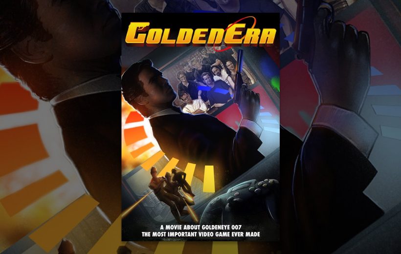 Poster showing a suited agent holding a pistol with GoldenEye logo and action scenes