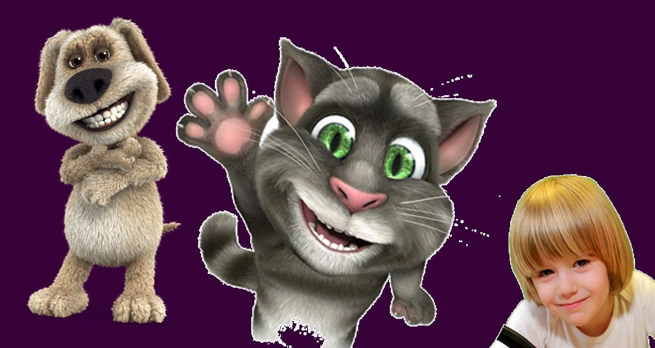 Three cartoon characters including waving gray cat, grinning dog, and smiling child on purple background