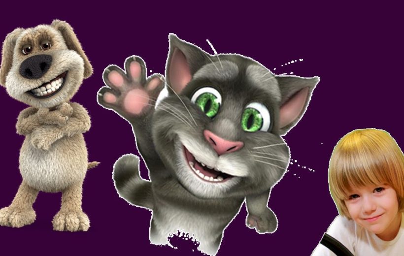 Three cartoon characters including waving gray cat, grinning dog, and smiling child on purple background