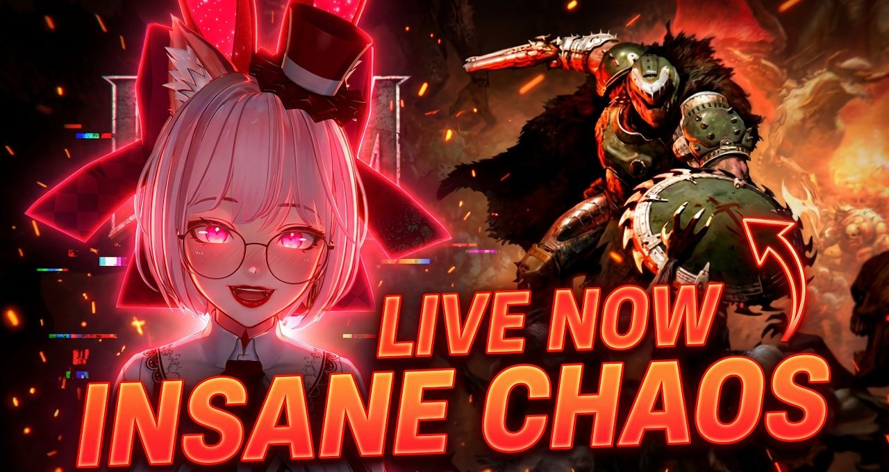 Anime-style streamer avatar with glowing eyes beside armored warrior and "Live Now" text
