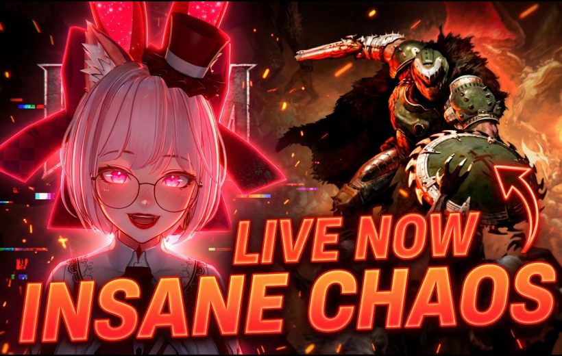 Anime-style streamer avatar with glowing eyes beside armored warrior and "Live Now" text