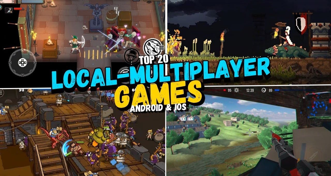 Collage of four pixel and 3D game scenes with bold "Local-Multiplayer Games" title