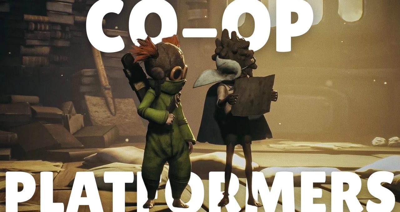 Two small masked characters in costumes stand in a dim, dusty library environment