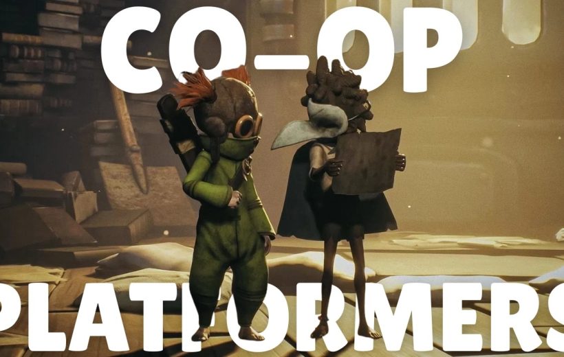 Two small masked characters in costumes stand in a dim, dusty library environment