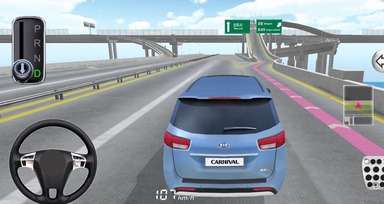 Rear view of a blue Kia Carnival driving on a multi-level highway ramp
