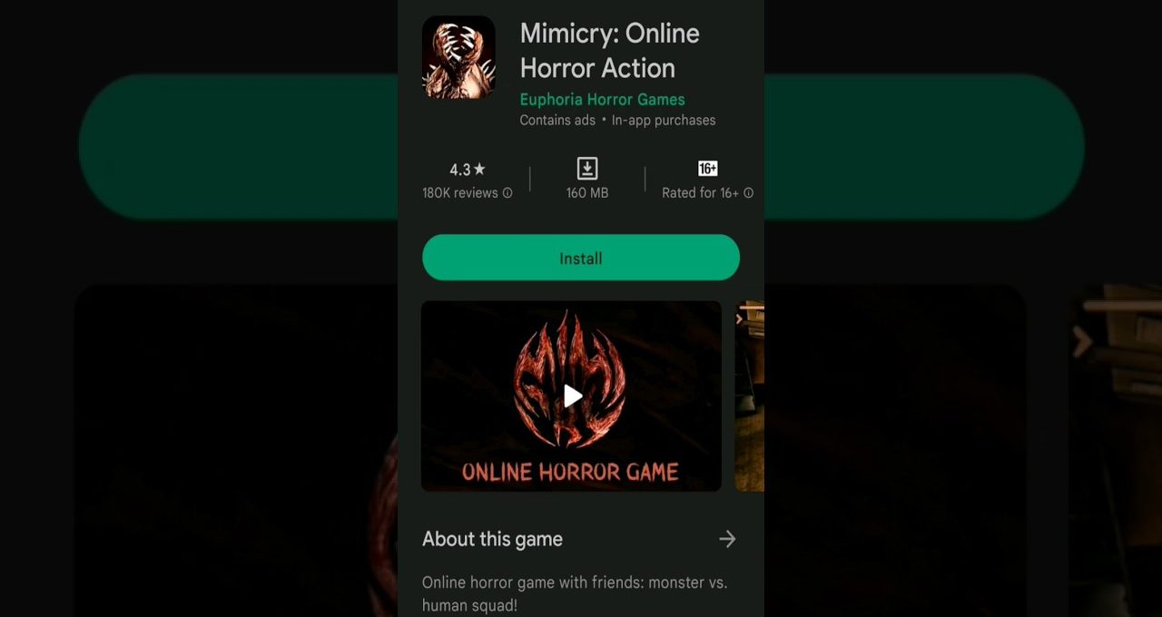 Mimicry: Online Horror Action game listing on app store with install button visible