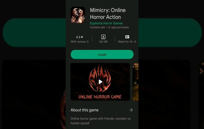 Mimicry: Online Horror Action game listing on app store with install button visible