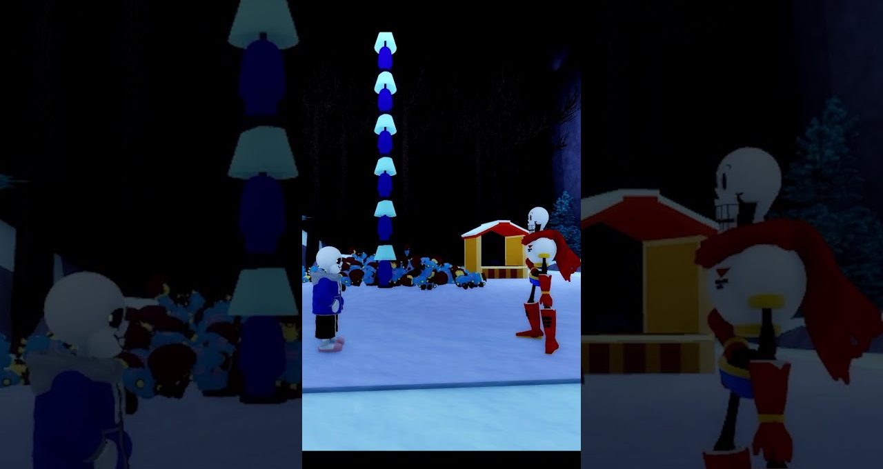 Two skeleton characters face each other in a snowy carnival scene at night.