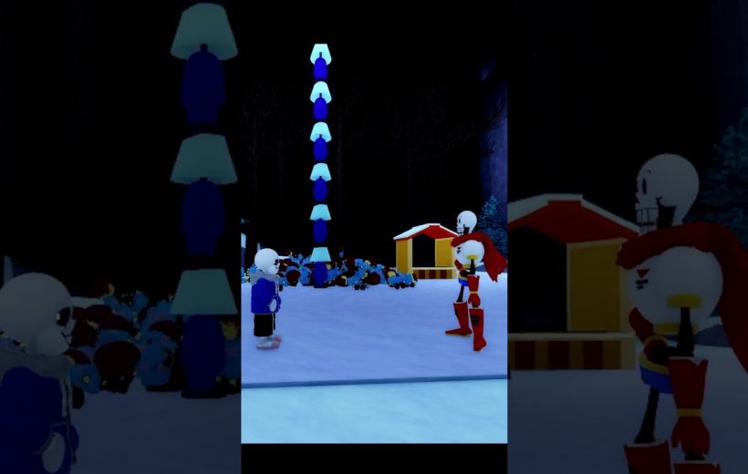 Two skeleton characters face each other in a snowy carnival scene at night.