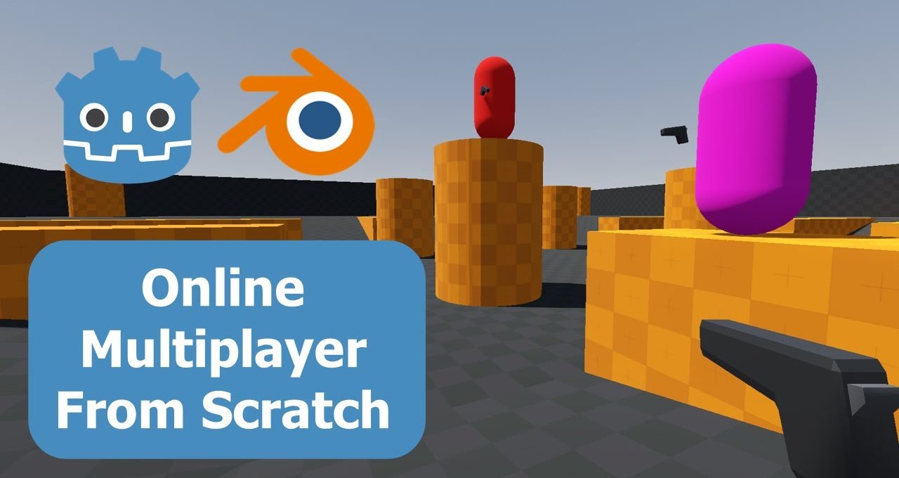 First-person shooter scene with blocky orange obstacles and colored player avatars online multiplayer