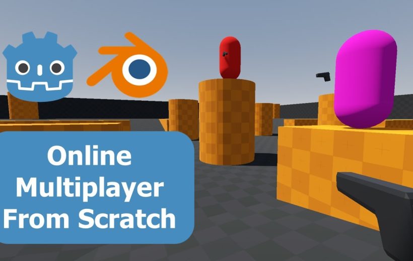First-person shooter scene with blocky orange obstacles and colored player avatars online multiplayer
