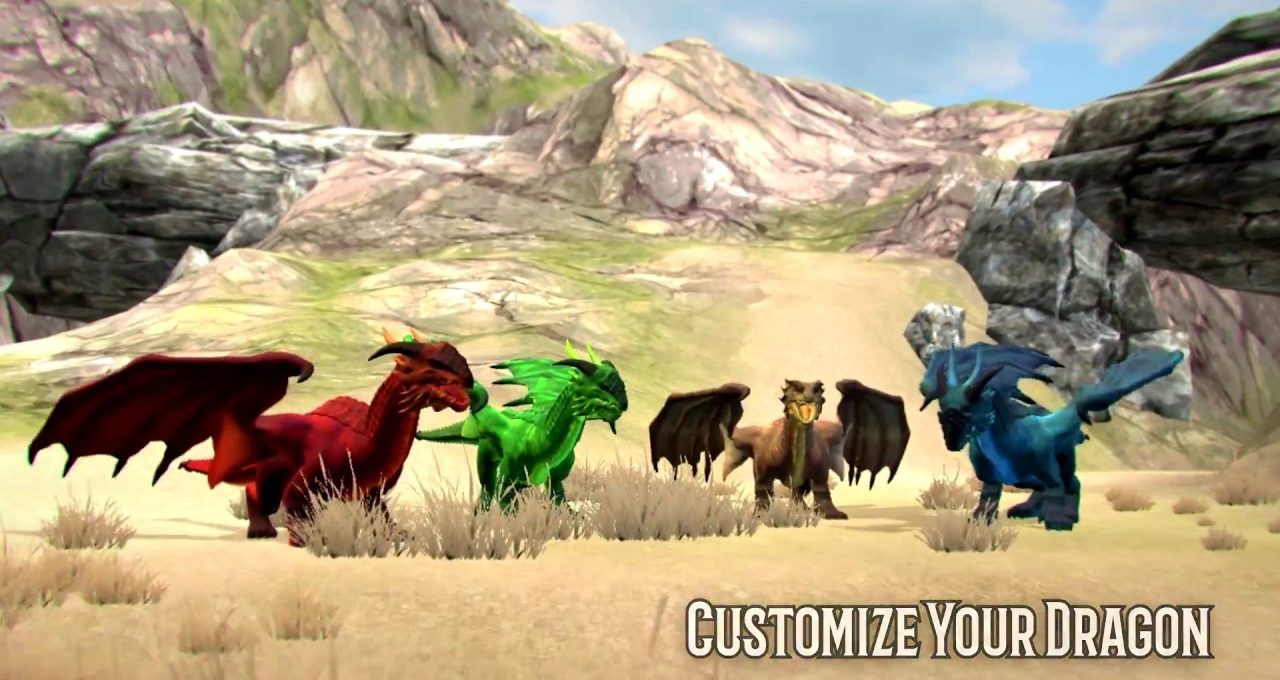 Four colorful dragons standing in a rocky desert landscape with customization text