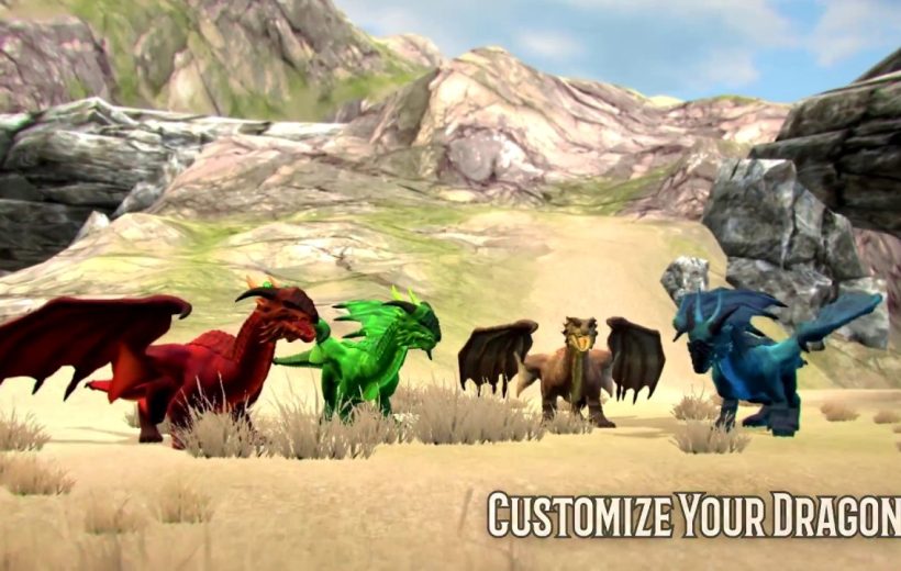 Four colorful dragons standing in a rocky desert landscape with customization text