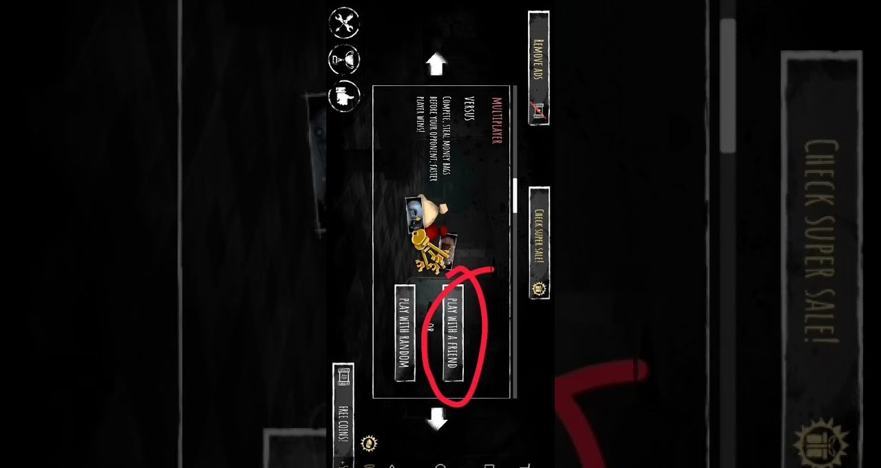 Mobile game menu screen highlighting a circled "Play with a Friend" multiplayer button