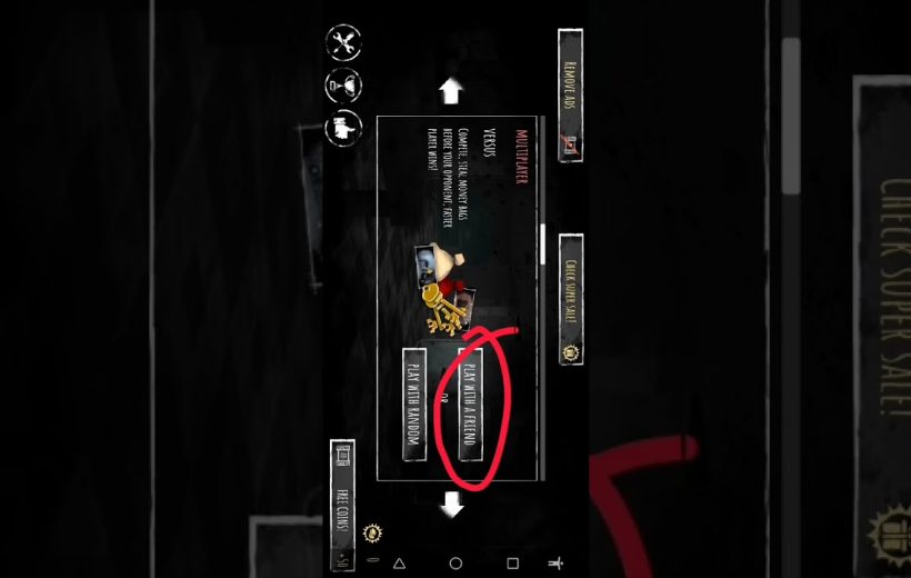 Mobile game menu screen highlighting a circled "Play with a Friend" multiplayer button