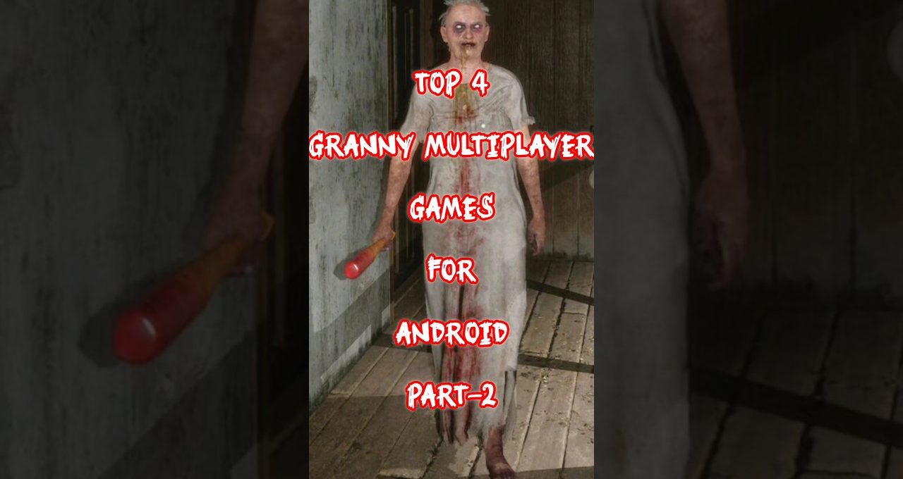 Tall creepy bloodstained granny holding a bat in a dim, decaying hallway, game title text overlaid