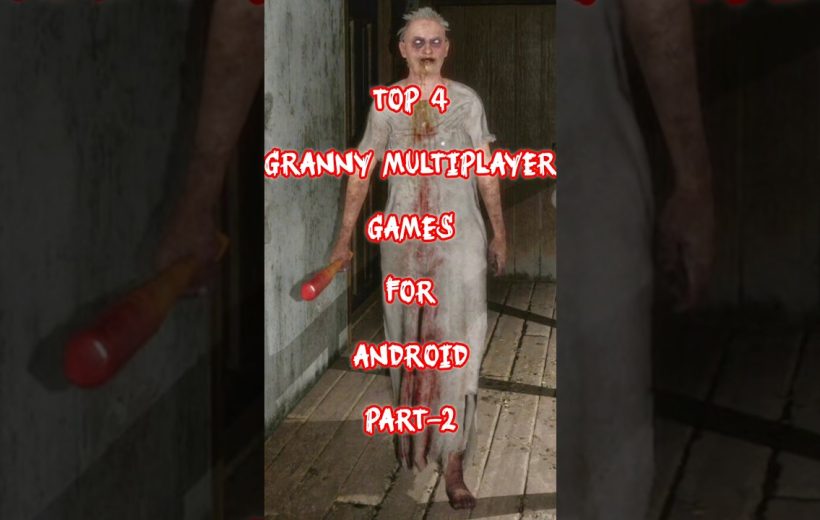 Tall creepy bloodstained granny holding a bat in a dim, decaying hallway, game title text overlaid
