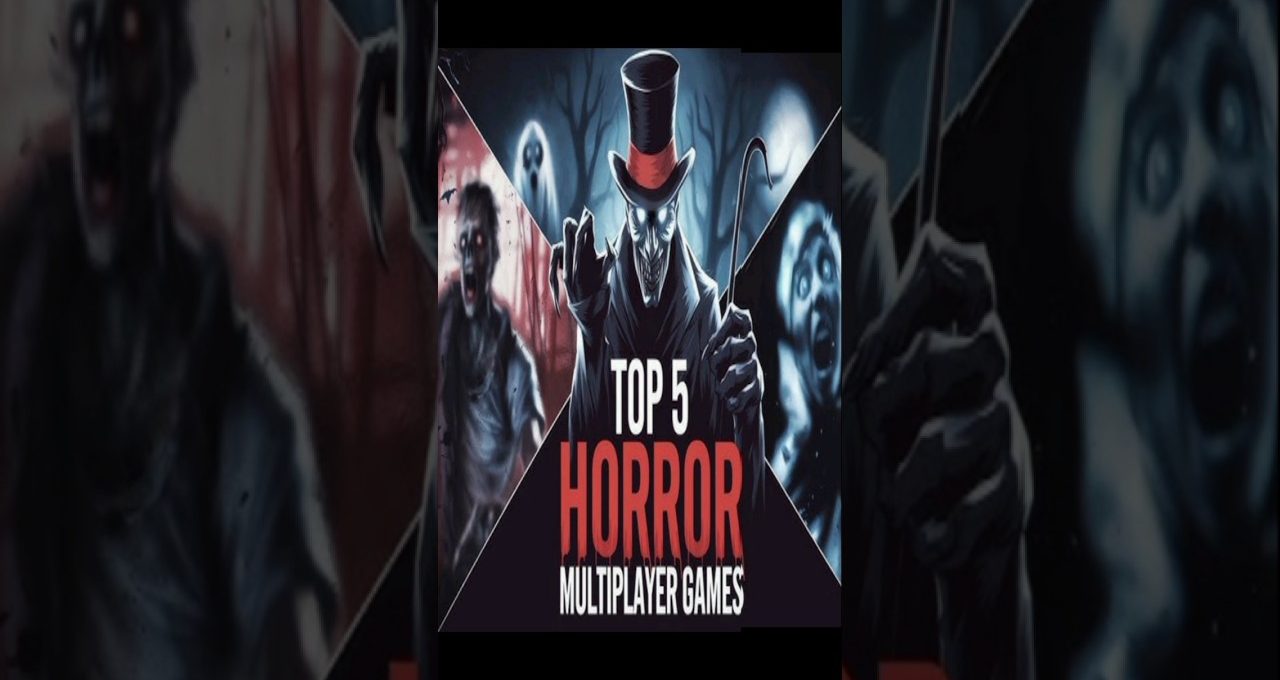 Sinister top-hatted villain surrounded by ghosts and zombies, "Top 5 Horror Multiplayer Games" text