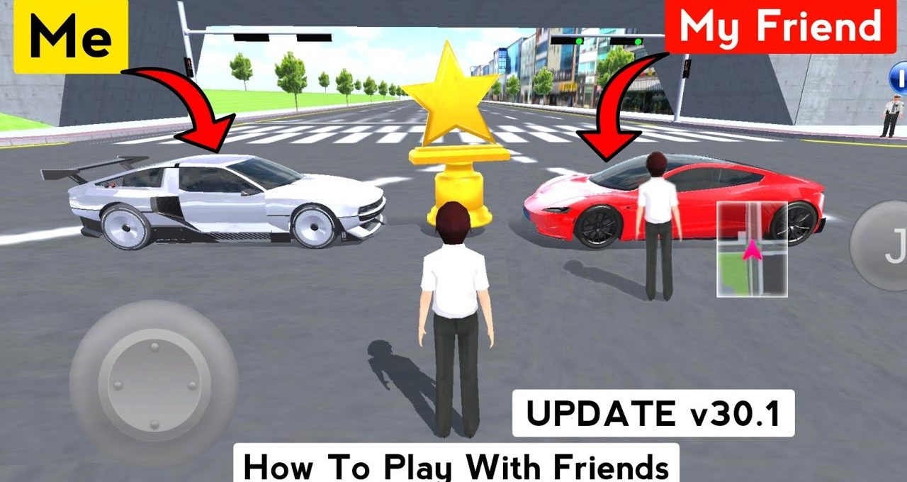 Two avatars choose between white and red sports cars beside a large golden star.