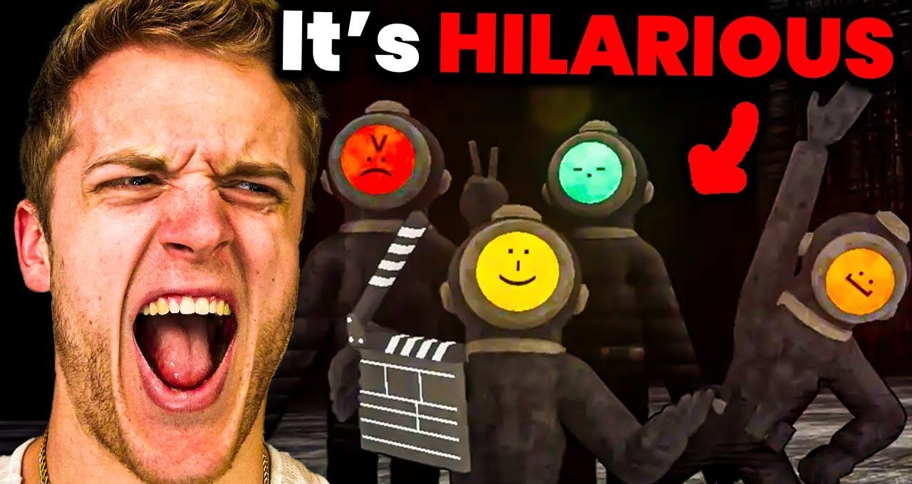 Man yelling beside four emoticon-faced divers in dark suits with playful expressions