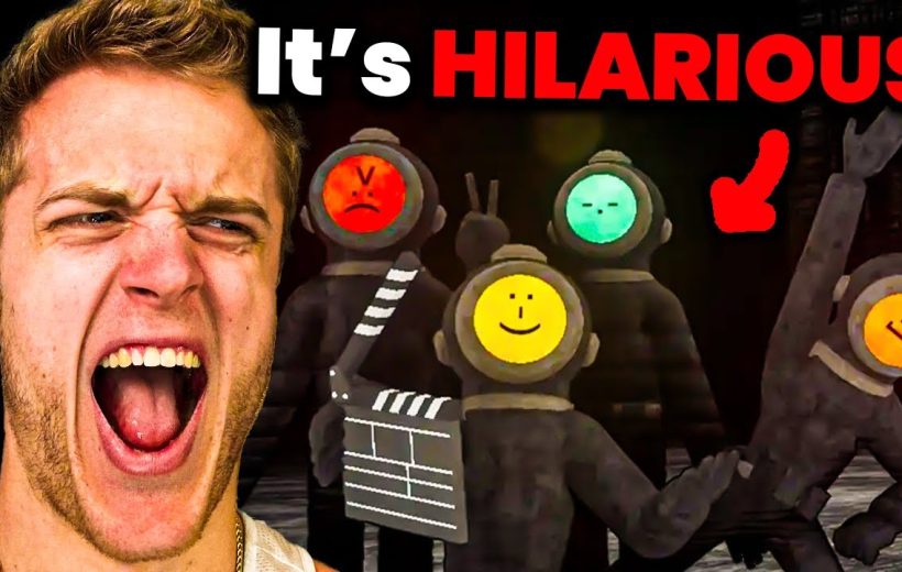 Man yelling beside four emoticon-faced divers in dark suits with playful expressions
