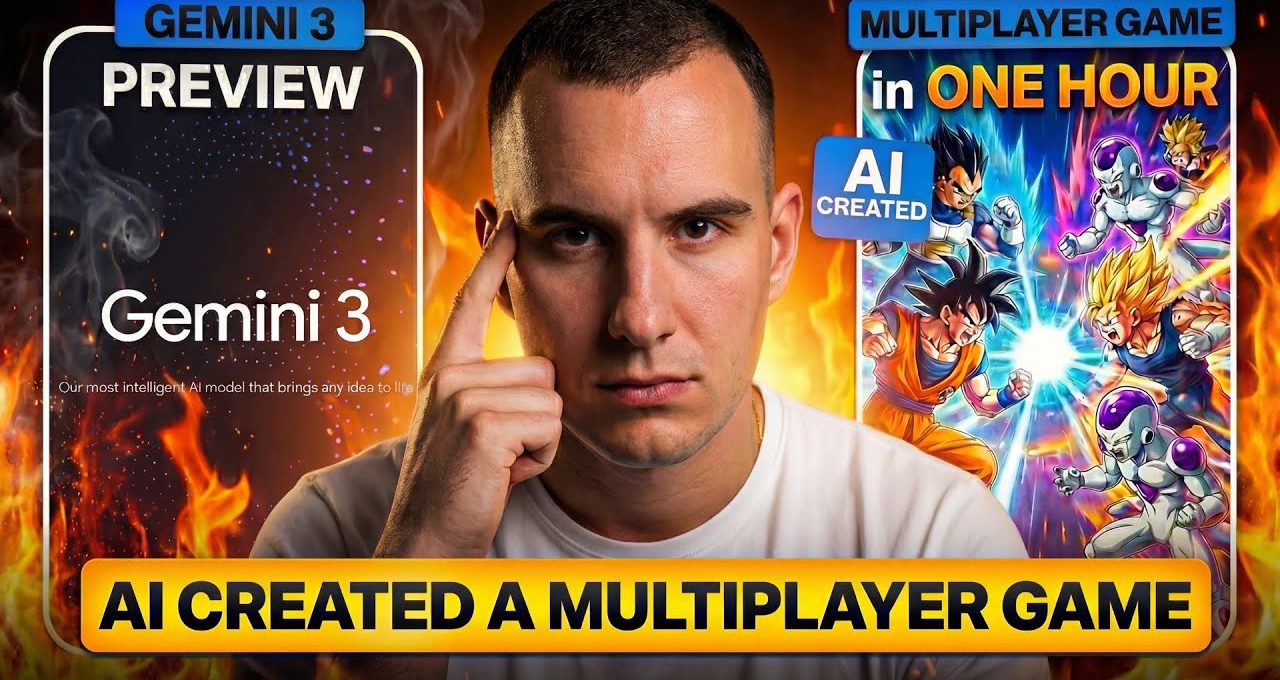 Man pointing to temple with Gemini 3 text and anime fighters, fiery background