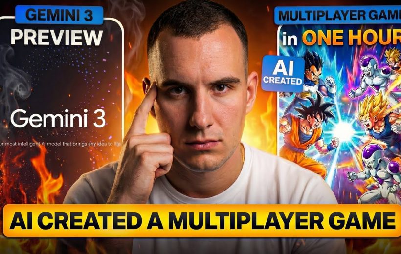 Man pointing to temple with Gemini 3 text and anime fighters, fiery background