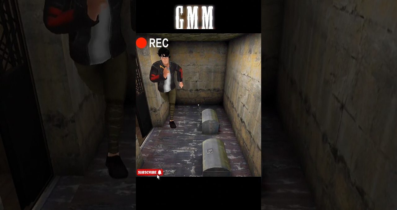 Young man running through a narrow, dimly lit concrete corridor with crates.