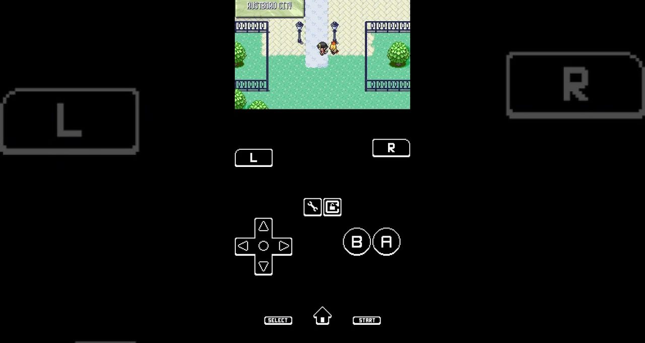 Handheld emulator screen showing a Pokémon-style character walking in Rustboro City park.