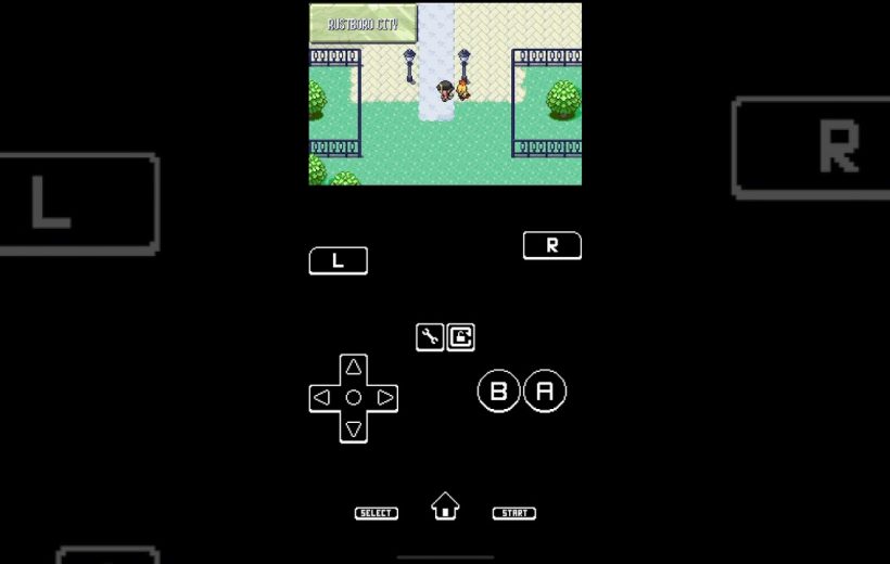 Handheld emulator screen showing a Pokémon-style character walking in Rustboro City park.