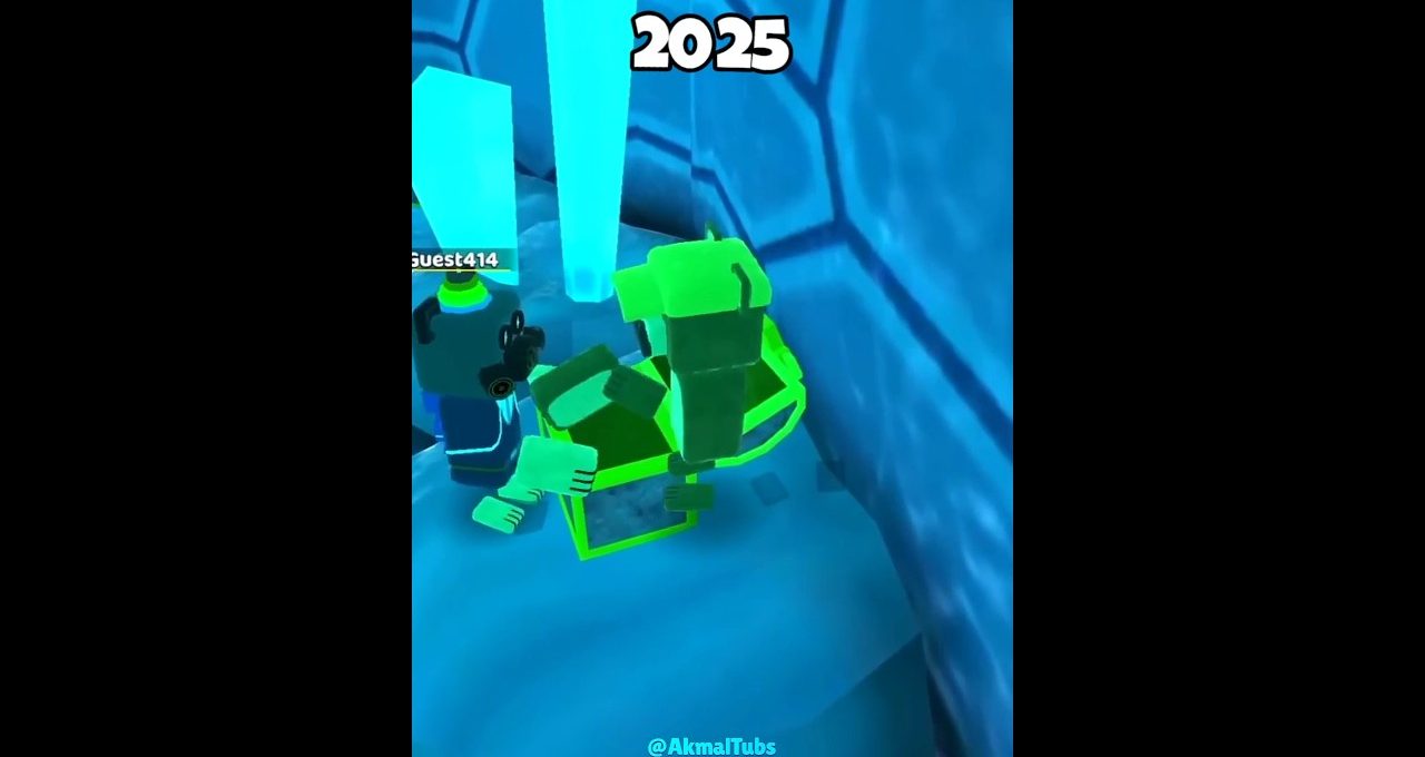 Roblox avatars exploring an icy cavern with glowing blue crystals and a green raft