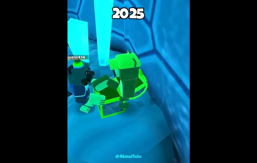 Roblox avatars exploring an icy cavern with glowing blue crystals and a green raft