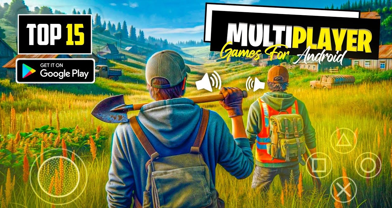 Two backpacked players holding tools walk through a sunlit grassy rural landscape
