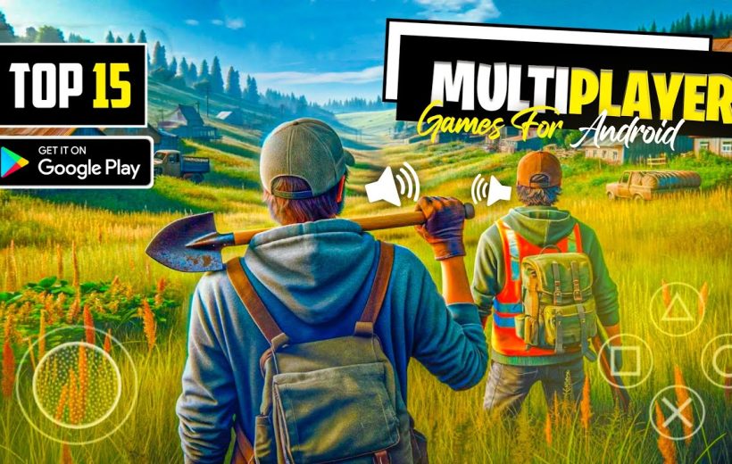 Two backpacked players holding tools walk through a sunlit grassy rural landscape