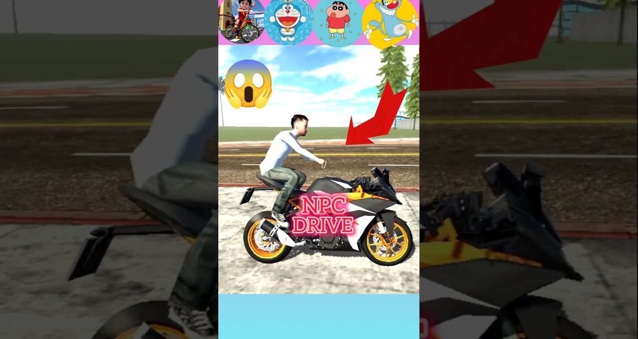 Man riding sports motorcycle beside road with red arrow and "NPC DRIVE" text