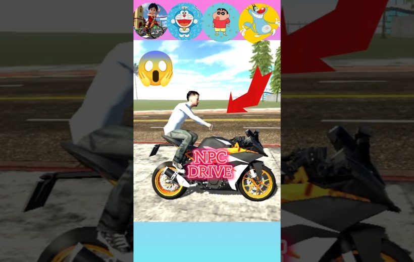 Man riding sports motorcycle beside road with red arrow and "NPC DRIVE" text