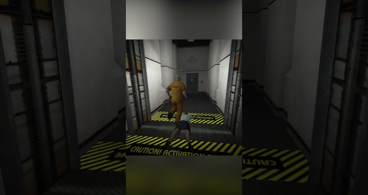 Prisoner in orange jumpsuit walking down dim corridor while another crawls past caution markings