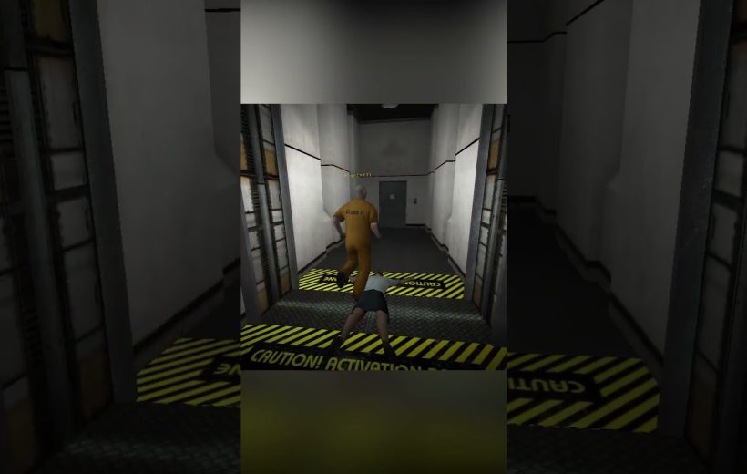Prisoner in orange jumpsuit walking down dim corridor while another crawls past caution markings