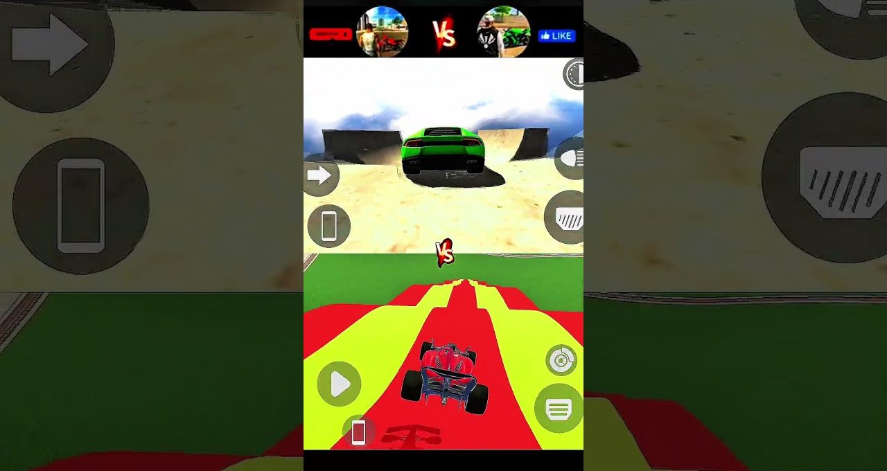 Split-screen mobile racing game showing green sports car and red buggy on colorful track
