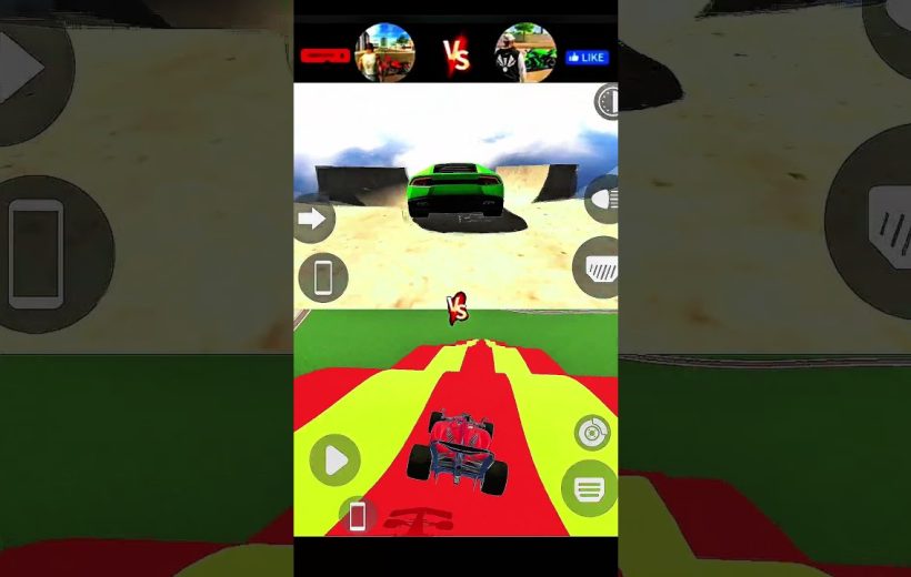 Split-screen mobile racing game showing green sports car and red buggy on colorful track
