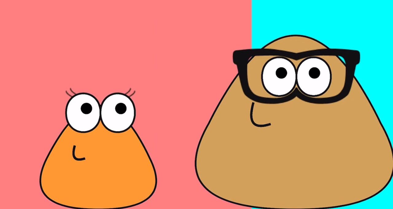 Two cartoon blob characters side by side, one small with lashes, one large with glasses