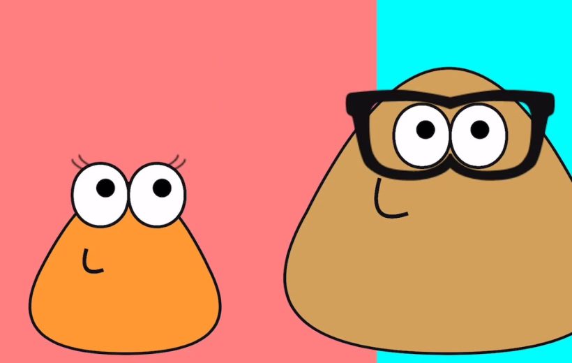 Two cartoon blob characters side by side, one small with lashes, one large with glasses