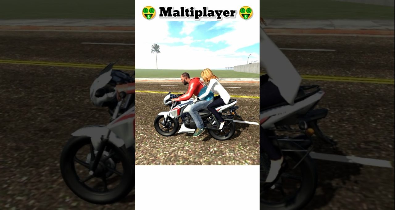Two people riding a motorcycle together on a road in a sunny scene